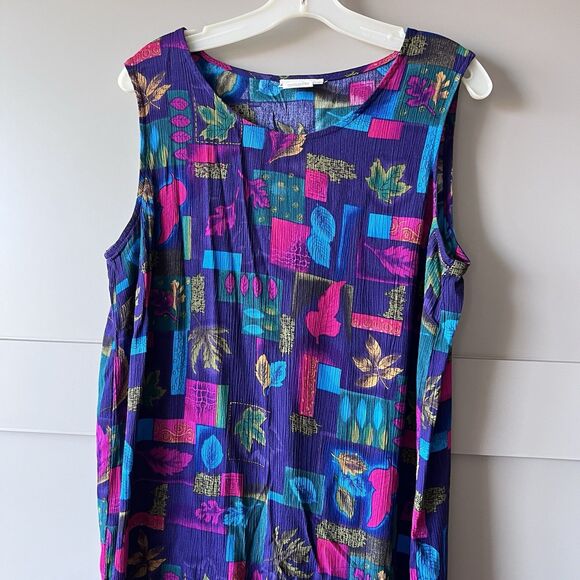 VTG Drapers & Damons Maxi Dress Women Sz 14 Leaves Purple Sleeveless Lightweight - Picture 3 of 14